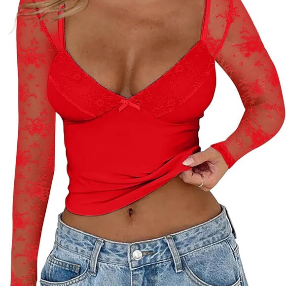 Women's Sexy Going Out Tops for Women Sweetheart V Neck Long Sleeve Lace Top Low - Picture 1 of 3